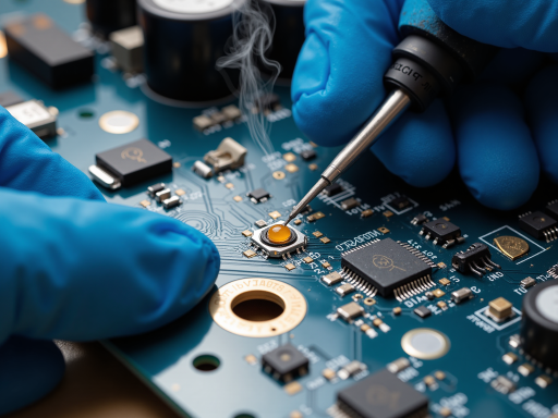 通信设备主板焊接工艺现场，技术人员正在检查高频信号传输接口焊接质量