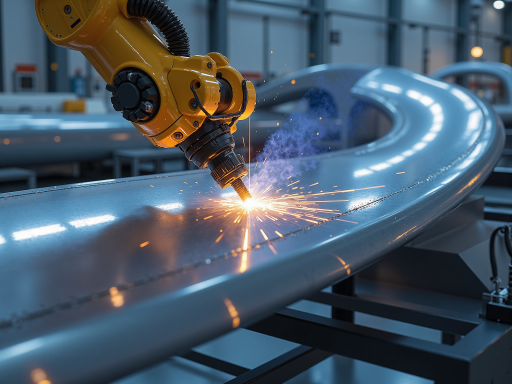 现代化生产车间，配备精密焊接设备，工人正在操作自动化焊接生产线，整洁有序的工厂环境